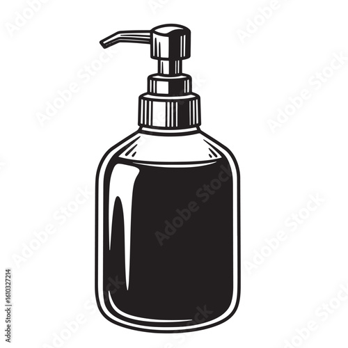 Vintage art illustration of a detailed soap dispenser in a classic black and white style