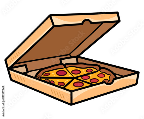 Pizza Box Feast: A mouthwatering pizza, perfectly sliced and nestled inside a classic cardboard box, ready for a delicious meal.