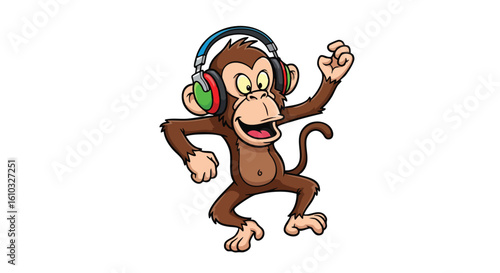 Cartoon monkey happily dancing while wearing colorful headphones, enjoying music.