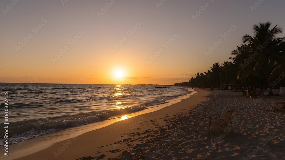 Naklejka premium Sunset on the beach with clear sky, silhouette of tree and chair