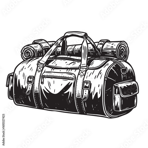 Vintage art illustration of a large travel bag with rolled sleeping pads for adventure and exploration
