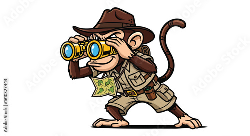 Cartoon monkey explorer with binoculars, looking ahead, holding a map, ready for adventure.