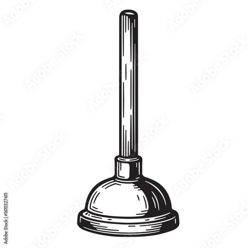 Vintage art illustration of a plunger in detailed black and white style