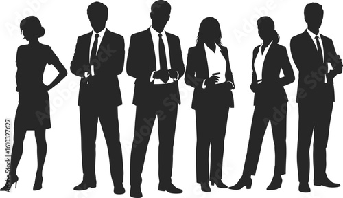 Silhouette of diverse business professionals standing together, formal office attire, teamwork concept, leadership, corporate collaboration, success unity