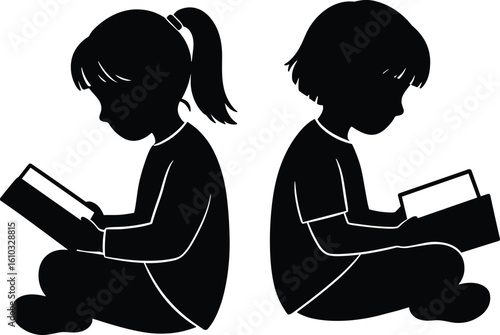 Silhouettes of two young children, a boy and a girl, sitting and engrossed in reading books, symbolizing education, learning, and the joy of knowledge, perfect for literary and academic themes.