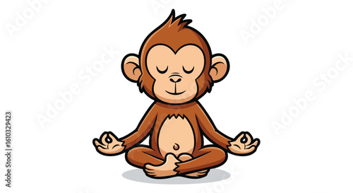 Cartoon monkey meditating with crossed legs and closed eyes, in a calm and peaceful pose.
