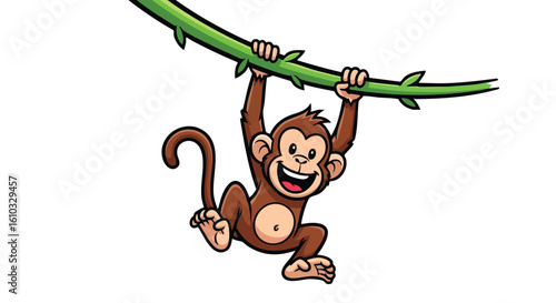 Cartoon monkey hanging from a green vine, smiling with joy on a white background.