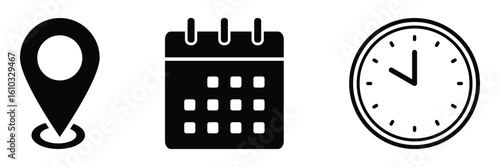 Date, time, address, location icon set. Calendar, clock, map pin, reminder, address symbols. Calendar icon symbol. Clock sign. Business schedule and office time clock. Location pin vector.