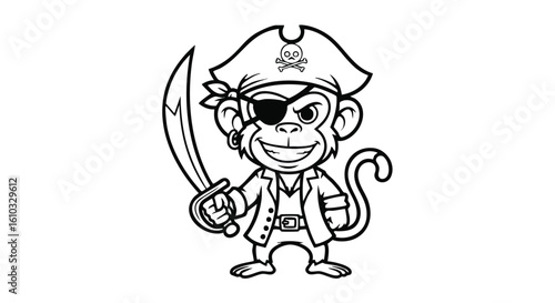 Cartoon monkey dressed as a pirate, holding a sword, wearing an eye patch and a hat with skull.