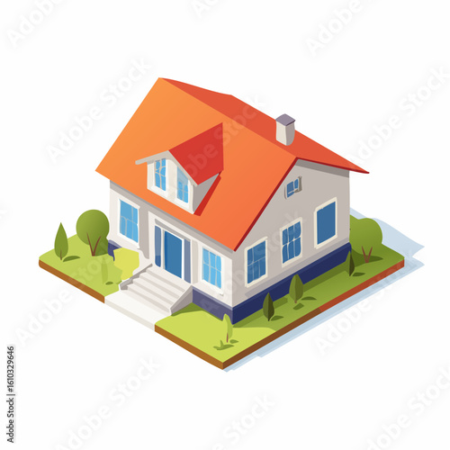 Isometric representation of a charming two-story house with red roof and landscaped yard