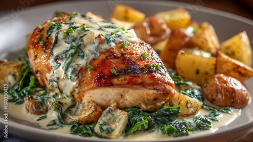 Florentine Chicken Dish, Roasted Chicken with a Creamy White Sauce and Spinach wit Roasted Potatoes