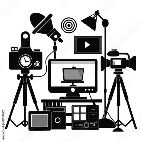 A Black and White Illustration of a Video Production Setup Depicting Cameras, Lights, Monitors, and Other Essential Equipment