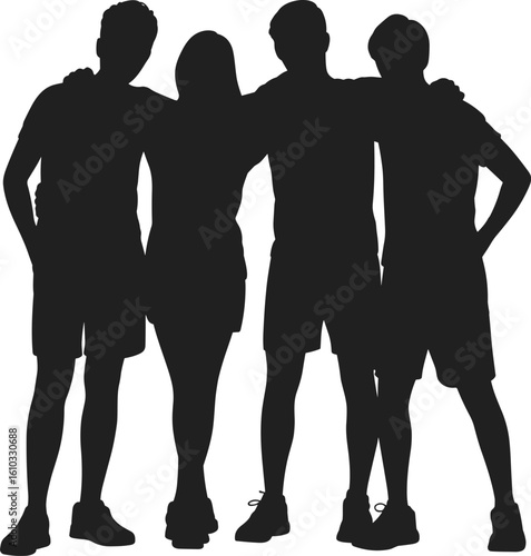 Silhouette of four young friends standing together, arms around shoulders, showing friendship, unity, teamwork, casual lifestyle, bonding moment