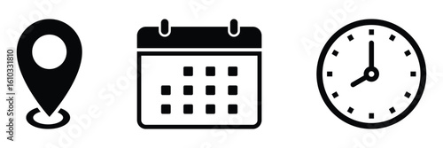 Time, calendar and location icons. Address, time, date icons set. Address location icon. Stopwatch timer icon. Date, time, location address icon.