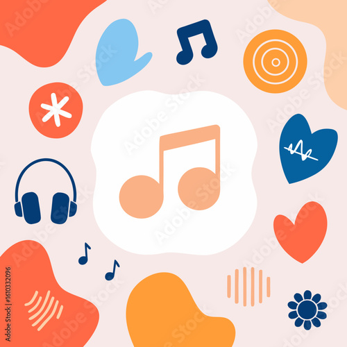 Colorful audio guide illustration with musical notes and headphones for travel and entertainment