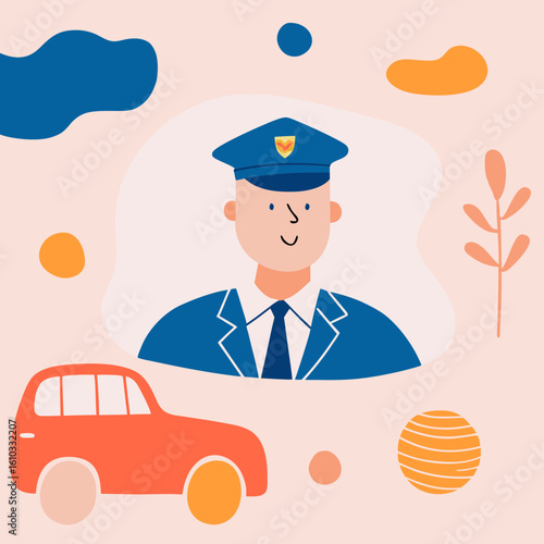 Friendly chauffeur illustration wearing a uniform with a car and decorative elements for transportation