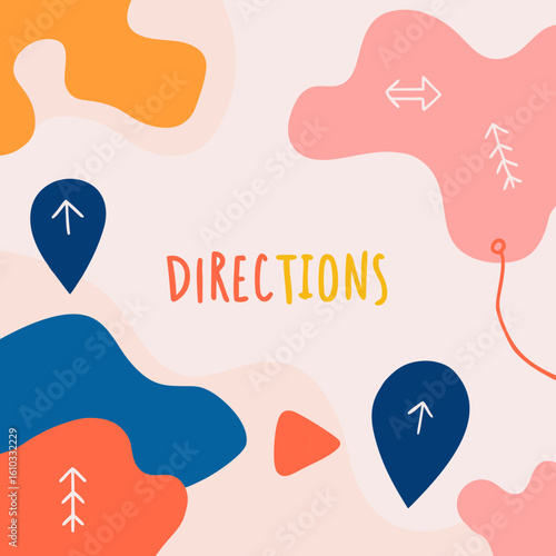 Stylized directions illustration with vibrant location markers and colorful abstract shapes