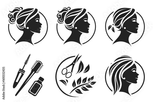 Beauty icons featuring womens faces and salon tools
