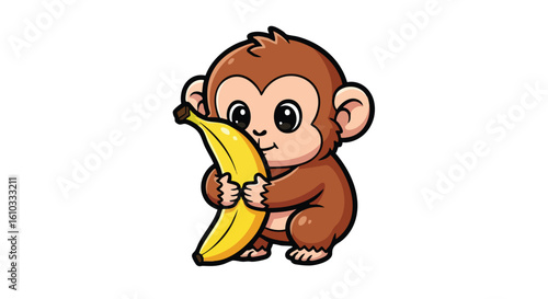 Adorable cartoon monkey happily hugging a large banana.