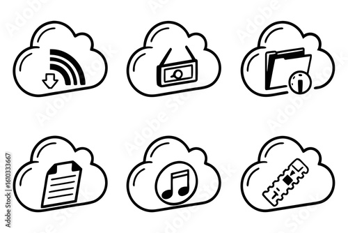 Cloud icons for downloading, music, documents, and data