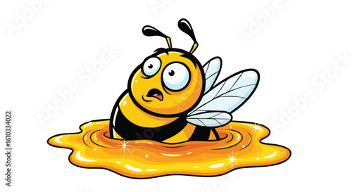 Cartoon bee with a worried expression stuck in a puddle of honey.