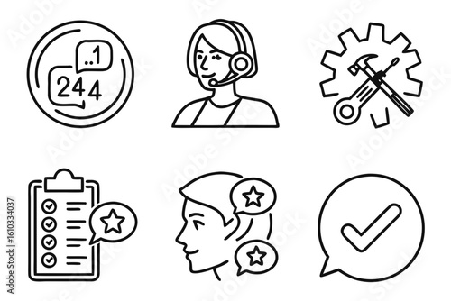 Customer service icons with operators, checklist, and feedback