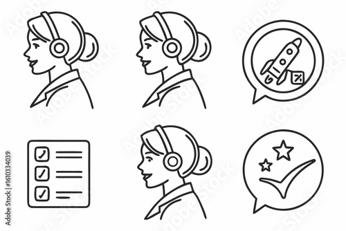 Customer service icons with operators, checklist, and rocket