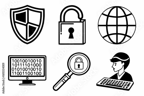 Cyber security icons with shield, unlock, globe, and computer