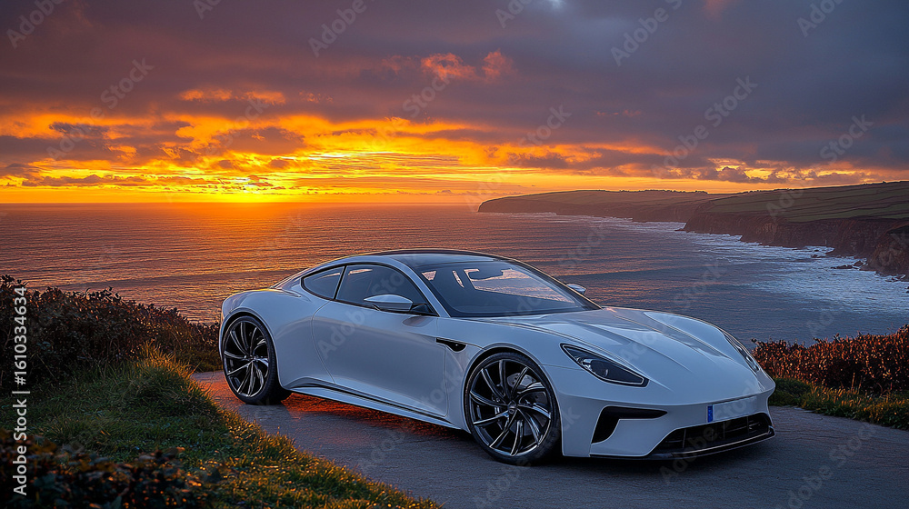 Fototapeta premium Sleek electric grand tourer parked at ocean cliffside villa overlooking vibrant sunset sky.