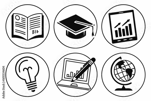 Set of educational icons including book, cap, tablet, lightbulb