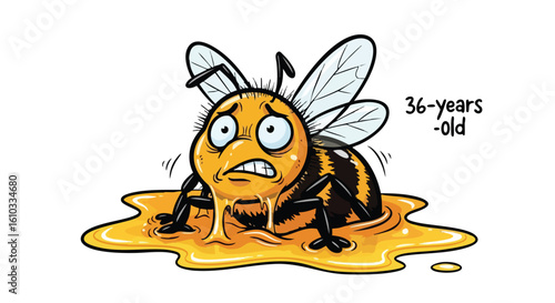A cartoon bee, looking stressed, sits in a puddle of honey, showing its age.