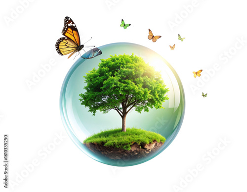  Floating Crystal Sphere with Mini Tree and Butterfly, Emphasizing Eco Balance