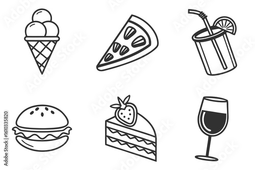 A collection of six popular food and drink icons