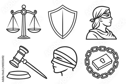 Collection of legal and justice symbols in outline