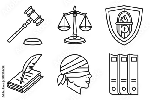 Legal icons including gavel, scales, and books