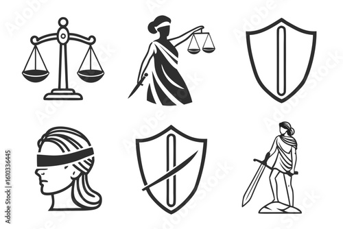 Justice symbols lady justice, scales, and shield