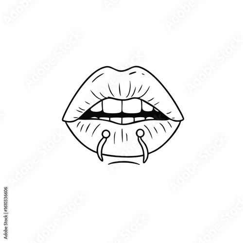 Line art illustration of open lips with visible teeth and piercing jewelry.
