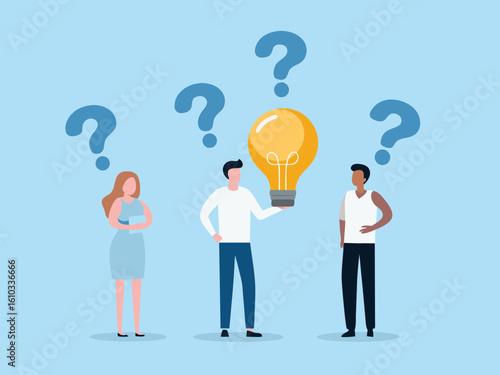 Teamwork and Idea Generation with Lightbulb and Question Marks Illustration