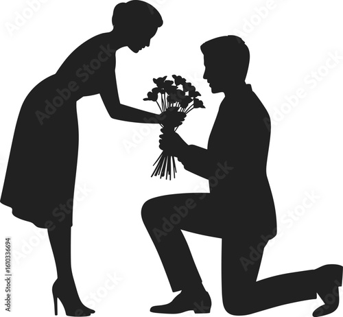 Silhouette of man proposing woman with flowers, romantic couple gesture, love, relationship, engagement moment, vector illustration