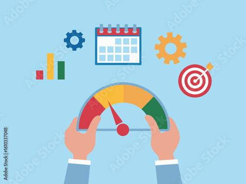 Performance review with speedometer calendar target gears and bar graph icons