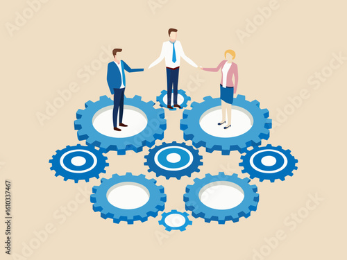 Business team standing on gears representing teamwork and collaboration for success