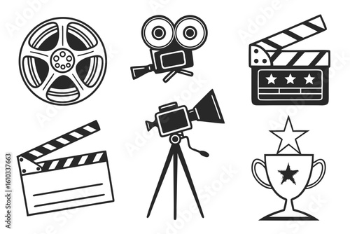 A collection of icons representing filmmaking and cinema
