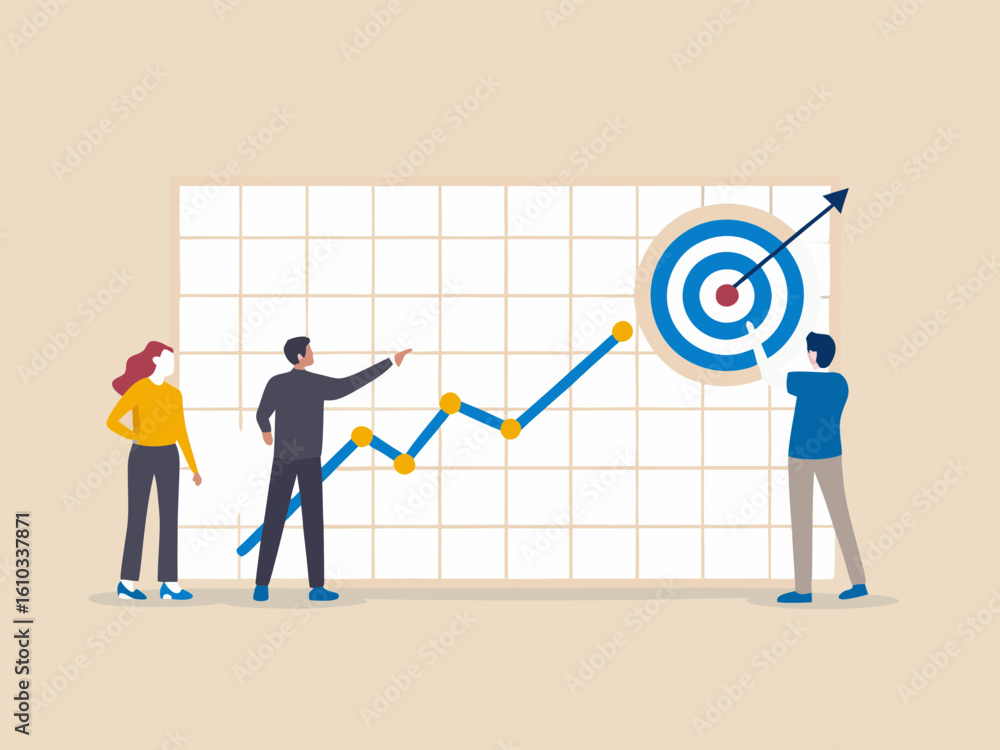 Fototapeta premium Teamwork achieving business goals with growth chart and target illustration