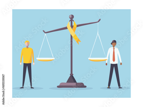 Fairness and equality concept with scales ribbon and diverse people