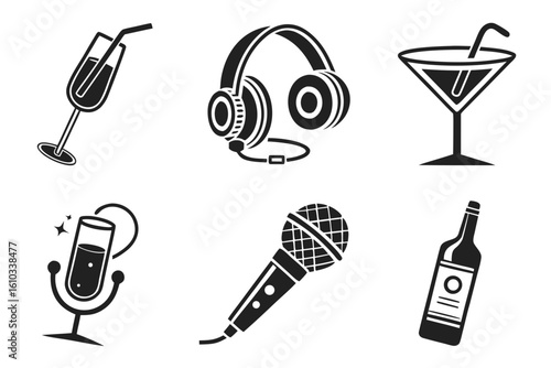 Collection of music and celebration icons with drinks and microphones