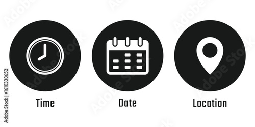 Time, date, address icons set. Address or location icon. Stopwatch, time, clock timer icon. Calendar icon. Black line and flat style web icons. Vector illustration