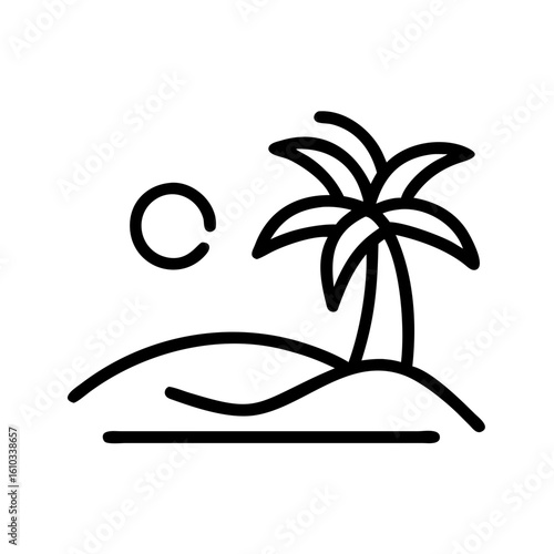 Tropical vacation icon with palm tree and sun, leisure travel context, minimalist style, black and white graphic