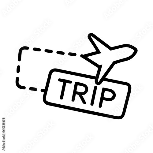 Trip reminder tag icon with airplane, travel planning context, minimalist style, black and white graphic