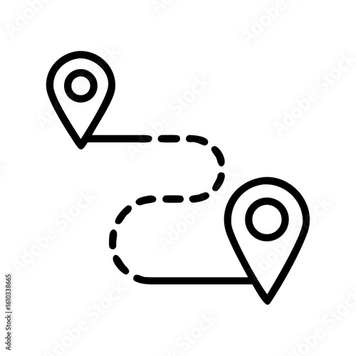 Destination route icon with location markers, travel context, minimalist style, black and white graphic