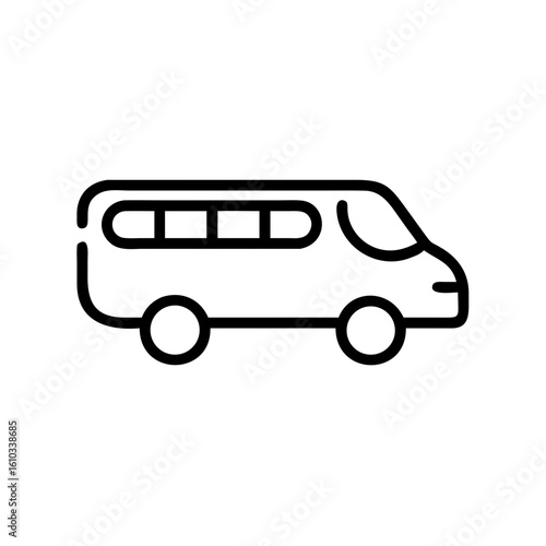 Excursion bus icon, group travel context, minimalist style, black and white graphic